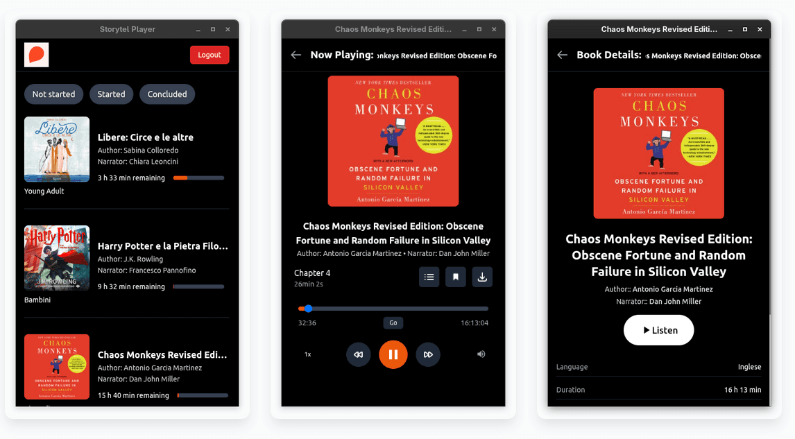 Unofficial cross-platform desktop application for Storytel audiobook streaming with offline support