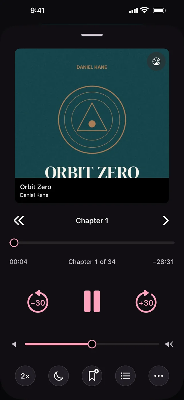 The audiobook player with chapters, skip buttons and speed.