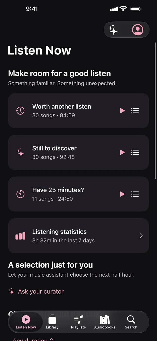 Listen Now with discovery mixes and album suggestions.