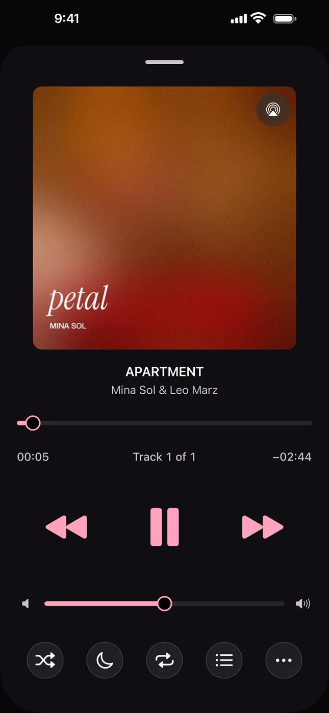 Now Playing with large artwork, timeline and transport controls.